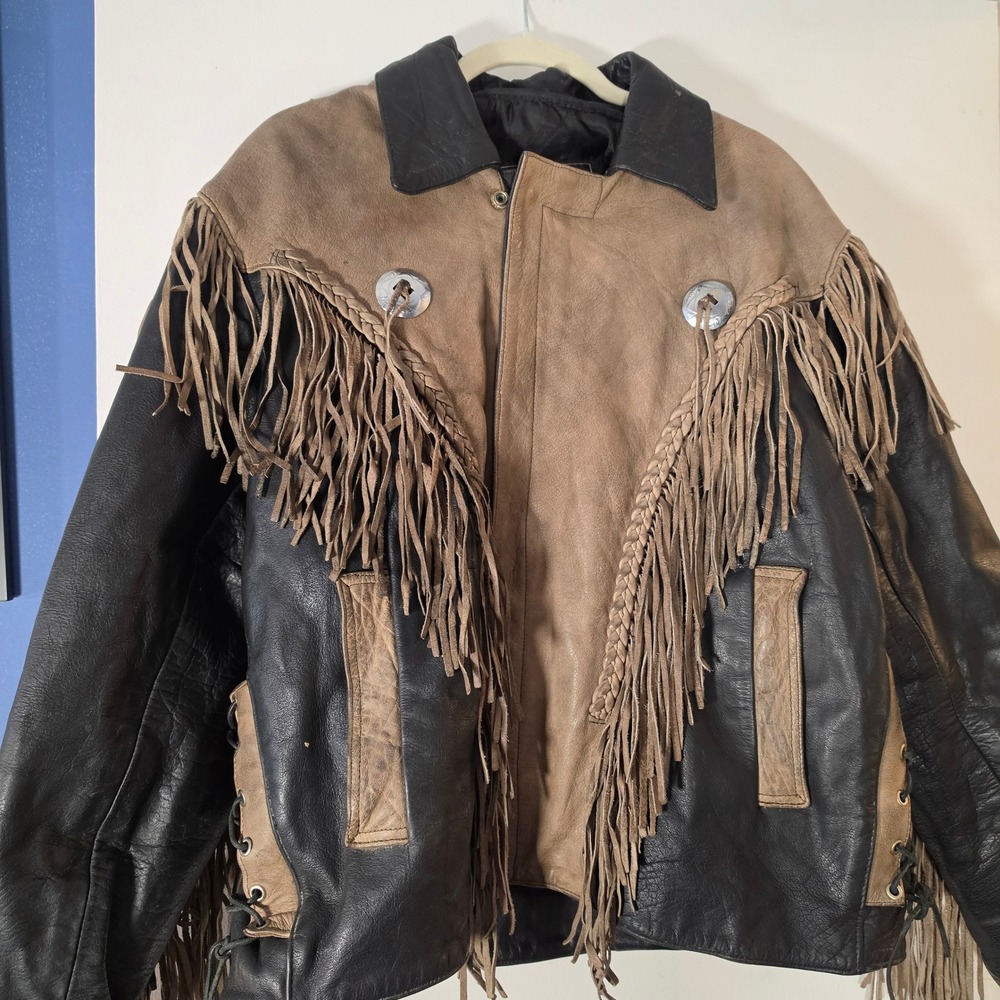 Vtg UNIK Leather Apparel Fringe Concho Western Biker Jacket Mens Sz 50 Black Tan